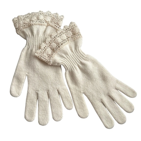 PARKHURST Angora-Lambswool Knit Gloves w/ Crochet Lace Cuff Ivory Made in Canada - Picture 1 of 8